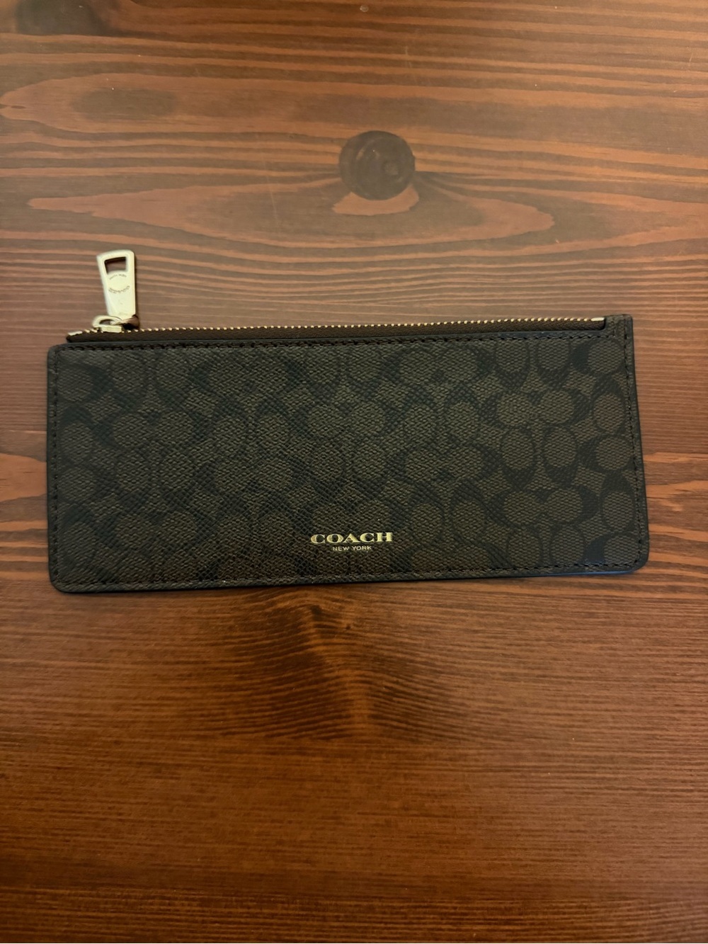 Coach Black Signature Zip Card Holder with Gold Logo